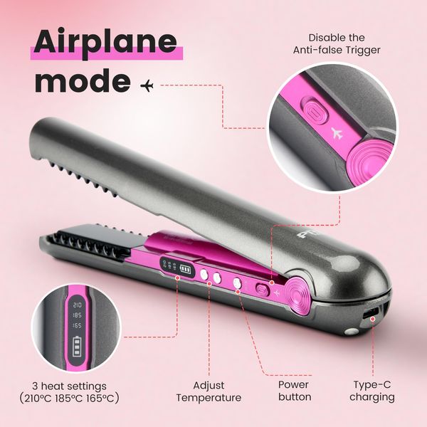 Travel Flat Iron Cordless, Mini Hair Straightener and Curler for On The Go, Portable Size USB-C Rechargeable Grey Straightening Iron PRITECH