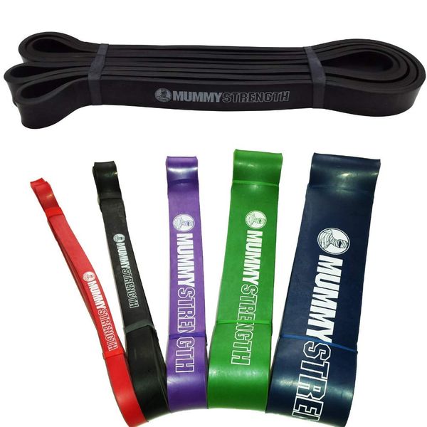 MummyStrength Resistance Bands for Men and Women. The Best Stretch Band for Pull Up Exercise and Powerlifting. Works with Any Pull Up Bar or Station. Single Band. Workout Guide Included (Black)