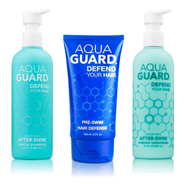 AquaGuard Swimmers Shampoo and Conditioner Set + Pre-Swim Hair Defense | Complete Hair Routine to Prevent Chlorine Damage & Keep Swimmer's Hair Soft | Paraben & Gluten Free, Vegan, Color Safe