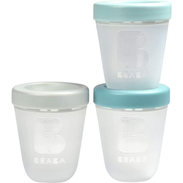 BÉABA - Silicon Baby Food Storage Pots - Set of 3 - 100% Airtight - Stackable - Freezing/Defrosting - Microwave friendly - Measurements - 200ml - Jungle