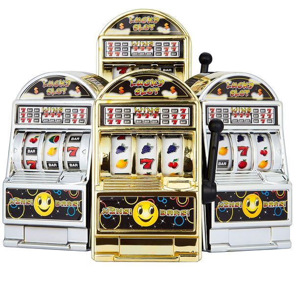 4 Pieces Mini Slot Machine Toy with Reels Slot Machine Bank Slot Machine Cake Topper Las Vegas Theme Party Night Gifts Casino Theme Party Cake Decorations, Golden and Silver