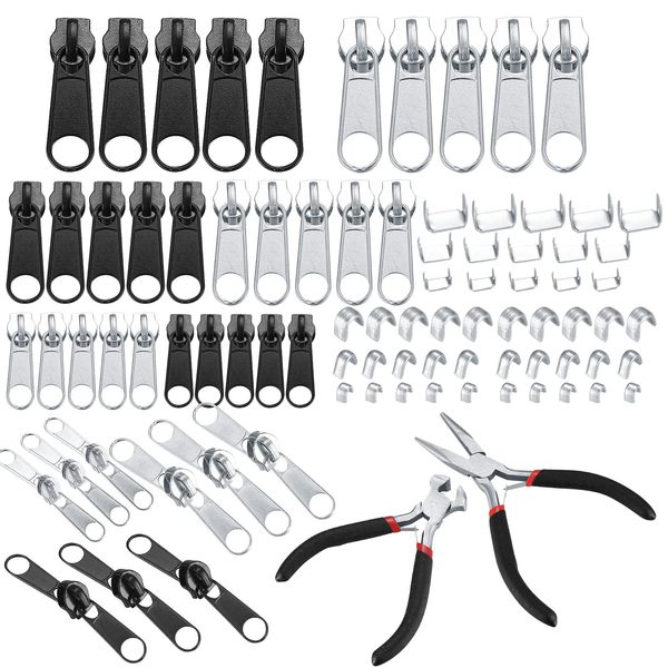 86 Pieces Zipper Repair Kit, Metal Zipper Slider Replacement Kit, Zip Puller Tabs Fixer with Zipper Pliers, Zipper Pulls Set for Repair Jeans, Coats Zipper - Silver/Black