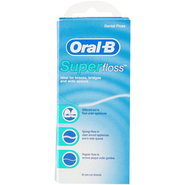 Oral-B Super Floss Mint Dental Floss for Braces Bridges - 50 Strips