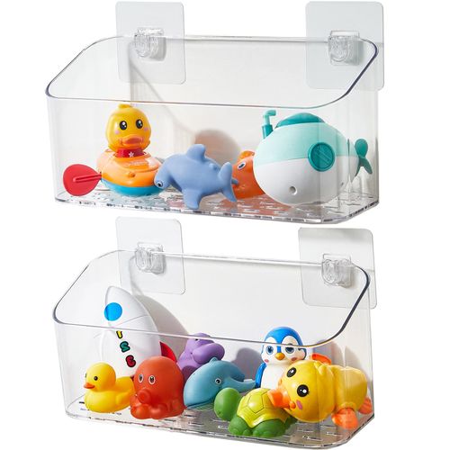 Eunion Bath Toy Storage Organizer, Bathtub Toy Storage Holder, Large Capacity Wall Mounted Shower Caddy Shower Organizer, No Drill Shelves Basket, Clear White, 2 Pack