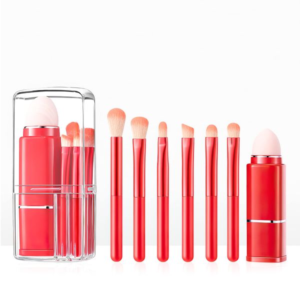 Travel Makeup Brushes Set Portable Face Make Up Brush, 8 in 1 Retractable Brush Multifunctional Small Make up Brushes set with Case, for Foundation Powder Blush Eyeshadow Concealers (Red)