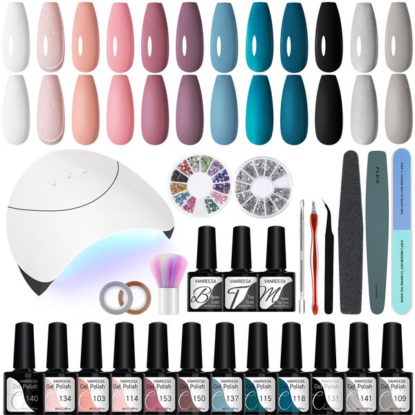 Gel Nail Polish Kit, VANREESA with 36W U V LED Nail Lamp 12 Colours Nail Polish Set with Basic Manicure Tools Black Pink Gray Purple Nail Gel Polish Starter Set Gifts for Women DIY at Home