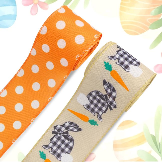 ABTOLS 2 Roll 10 Yards Easter Ribbons, 2.5" Easter Plaid Bunny Carrot Wired Edge Burlap Ribbon Orange White Dot Ribbon for Spring Easter Party Decor Gift DIY Crafts Wreaths Bow