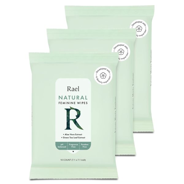 Rael Feminine Wipes, Flushable Wipes pH Balanced - Travel Size, All Skin Types, Paraben Free, Daily Use (10 Count, Pack of 3)