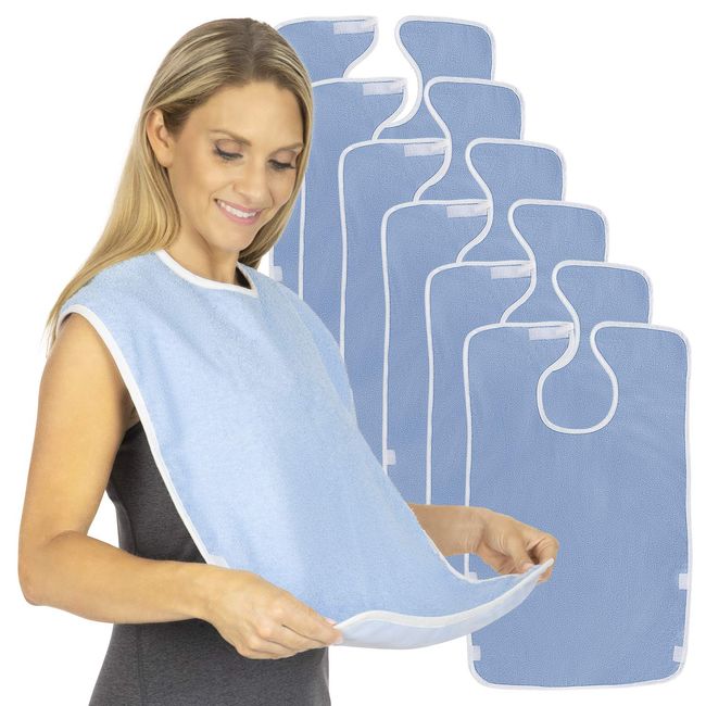 Vive Adult Bibs (6 Pack) - Waterproof Apron Set for Men, Women for Eating with Adjustable Strap - Washable Reusable Large Terry Cloth for Elderly, Seniors and Disabled - Extra Long Clothing Protector