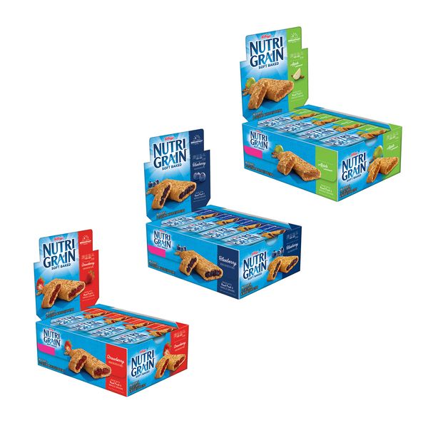 Kellogg's Nutri-Grain Variety Pack Soft Baked Breakfast Bars - Grab-N-Go Snacks, Apple Cinnamon, Blueberry, and Strawberry (48 Count)