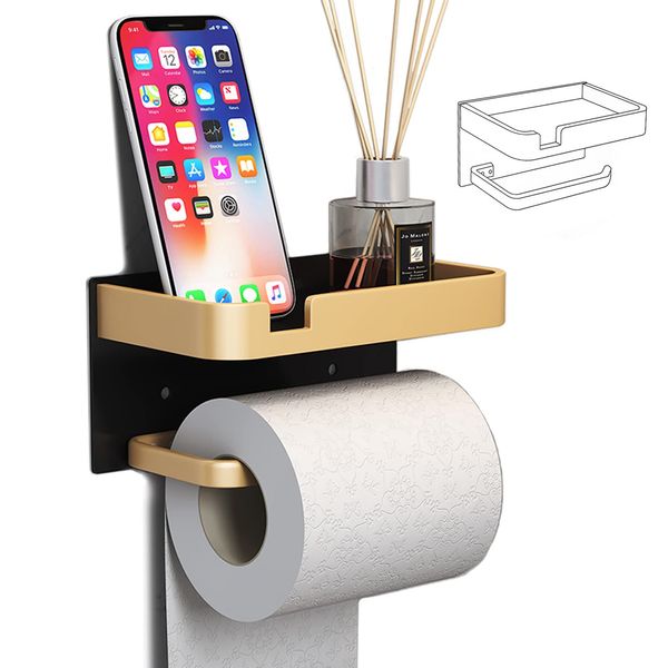 ROZZWILD Toilet Paper Holder with Shelf Adhesive Wall Mounted No Drill Aluminium Alloy Stainless & Rustproof Toilet Paper Roll Dispenser Bathroom Organizer Storage Rack Matte Black Gold