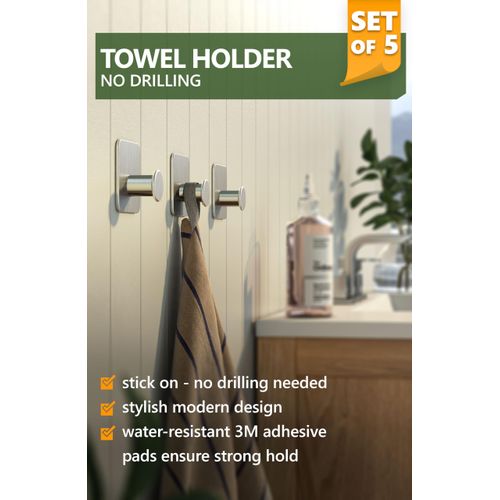 4smile Towel Holder No Drilling Set of 5 Modern Design Towel Hooks Bathroom Stainless Steel Hooks Self-Adhesive Hooks with Adhesive Pads Stylish Adhesive Hooks Wall Hooks