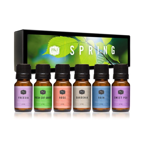 P&J Trading Fragrance Oil Spring Set | Gardenia, Sweet Pea, Fresh Cut Grass, Rain, Freesia, and Rose Candle Scents for Candle Making, Freshie Scents, Soap Making Supplies, Diffuser Oil Scents