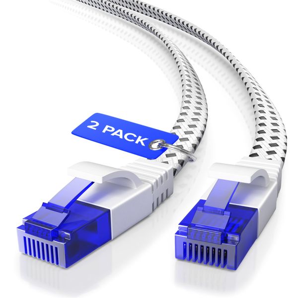 Maximm Cat 6 Ethernet Cable, 1 ft, 2 Pack Easy-Hide Flat Super-Durable Black and White Braided Network LAN Internet Cable/Cord