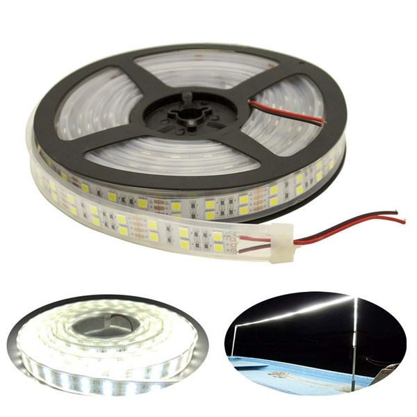 LED Tape Light, 12 V, 600 Rows SMD5050, Waterproof, 12 V, 600 Rungs, Double Row Type, Cover Included, White, High Brightness, White Base, Front Luminous, Fishing Boat/Ship/Truck/Outdoor Lighting/LED