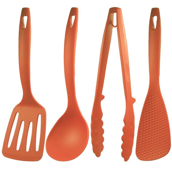 Nagao Tsubamesanjo Mini Kitchen Tool Set of 4 Spatula, Ladle, Tongs, Spatula, Orange, Made in Japan