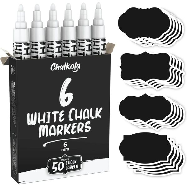 Liquid Chalk Pens - White Dry Erase Chalk Markers for Chalkboard Signs, Windows, Blackboard, Glass - 6mm Reversible Tip (6 Pack) - 50 Chalkboard Labels Included