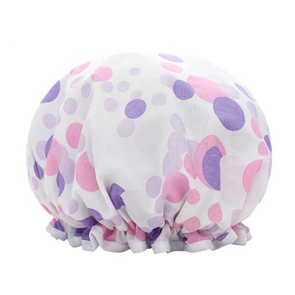 Shower Caps Women Spa Cap Fit All Double-Layer Waterproof Bath Cap Elastic Band Shower Hats With Polka Dot Pattern for Women