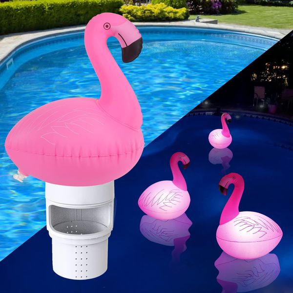 Blufree Pool Chlorine Floater with Solar Flamingo Light, Inflatable Flamingo Floating Pool Chlorine Dispenser Fits 4x3'' Chlorine Tabs, Easy Opening Pool Chlorine Tablet Floater Spa Chemical Dispenser