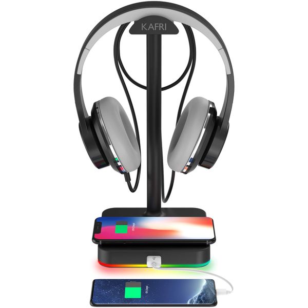 RGB Headphone Stand with Wireless Charger KAFRI Desk Gaming Headset Holder Hanger Rack with 10W/7.5W QI Charging Pad and QC 3.0 USB Port - Suitable for Gamer Desktop Table Game Earphone Accessories