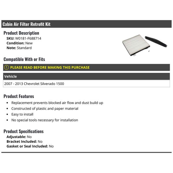 Cabin Air Filter Retrofit Kit - Compatible with 2007-2013 Chevy Silverado 1500