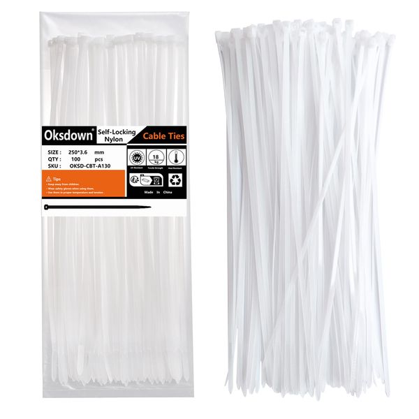 Oksdown 100 Pack White Cable Ties 250mm×3.6mm Strong Nylon Plastic Self Locking 10 inch/25 cm 1000 pcs Clear Long Zip Tie Wraps