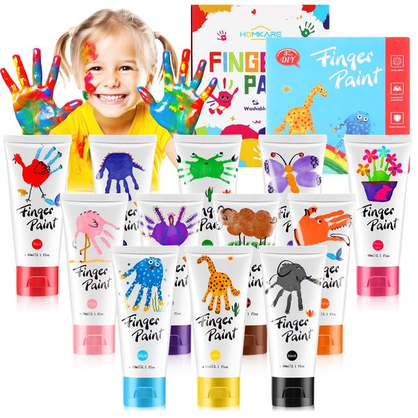 HOMKARE Finger Paint, Finger Painting for Toddlers 1-3, Non-Toxic Toddler Finger Paint, Washable Finger Paint for Toddlers with Finger Paint Paper, 12 Colors, 2.1 fl.oz