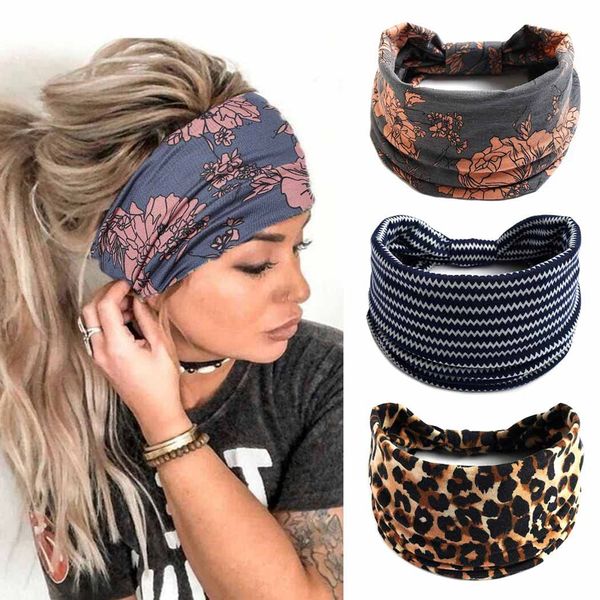 Zoestar Boho Wide Headbands Blue Stripe Head Scarfs Stylish Leopard Hair Bands Knotted Turban Headwraps Elastic Thick Bandeau Hair Accessories for Women and Girls(Pack of 3)