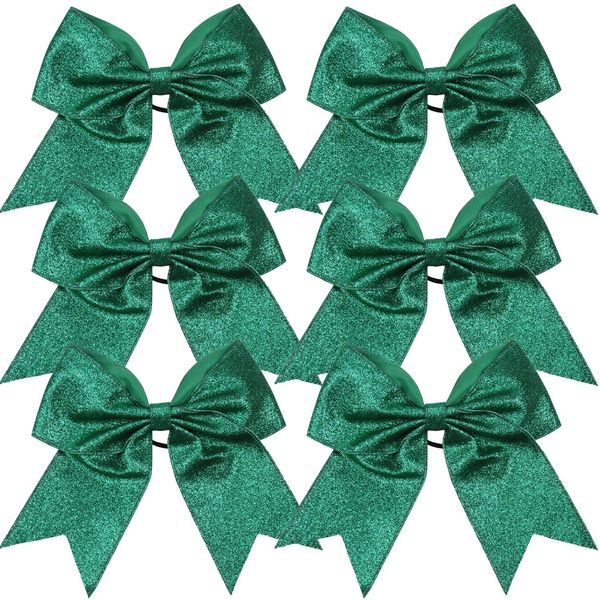 Cheerleader Bows Cheerleading 8 inch Sparkle Glitter Ponytail Holder Hair Tie School for High School College Girl Team Sports 6 Pcs … (Forest Green)