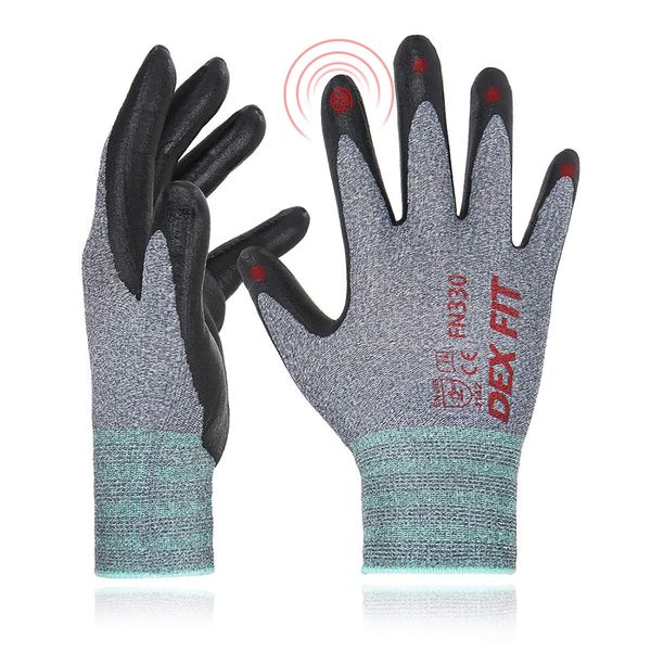 DEX FIT Work Gloves FN330, 3D Comfort Stretch Fit, Power Grip, Durable Foam Nitrile Coated, Smart Touch, Thin & Lightweight, Machine Washable (Medium(1 Pair), FN330 Grey)