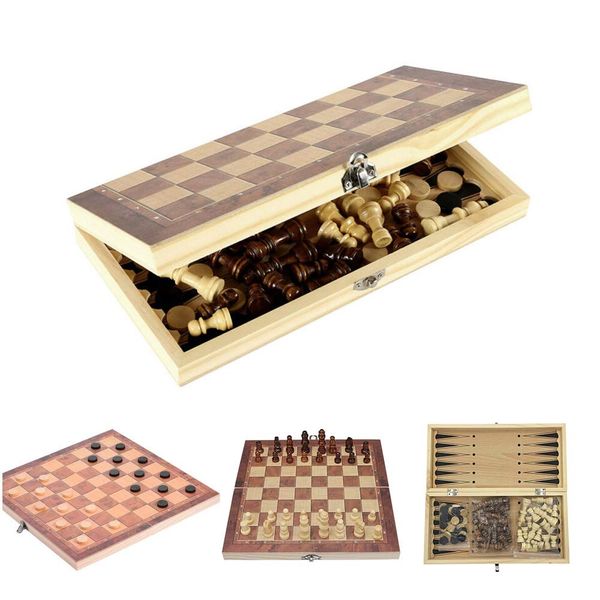 3 in 1 Folding Wooden Chess Set, 24x24cm International Chess Board Game Checkers with Portable Folding Interior Storage Wood Box for Kids and Adults Educational