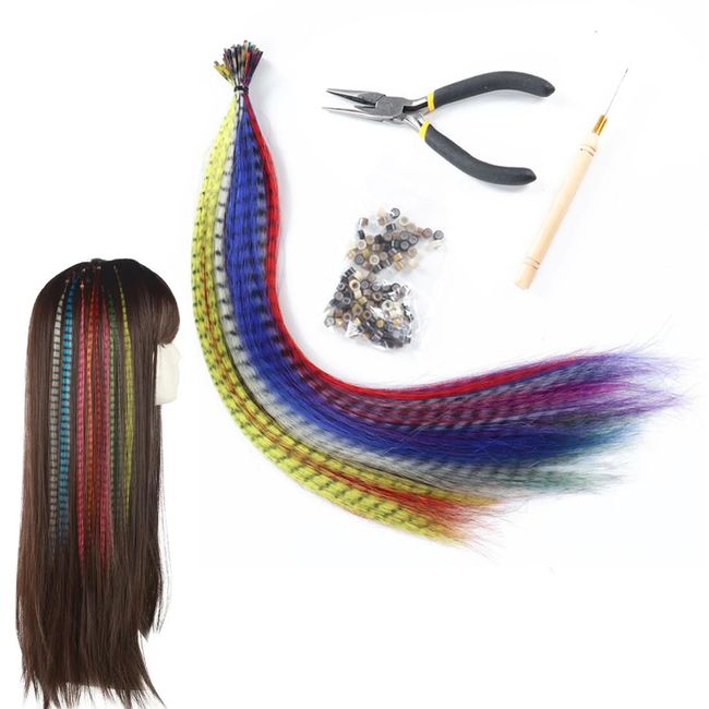 DDKY 100 Stück haarsträhnen zum einflechten,Bunte Feder Haarverlängerungs Set, Feder Haarschmuck Haarteil Zange Häkchen mit Perlen Ponytail Braids Extension Haarverlängerungs Clip