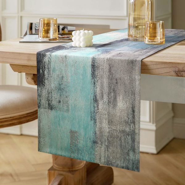 Rustic Table Runner Linen Teal Boho Table Runner Modern Turquoise Blue and Grey Decorative Cloth for Coffee Table, Holiday Parties, Wedding, Events Dinner, Home Decor 40 cm x 140 cm