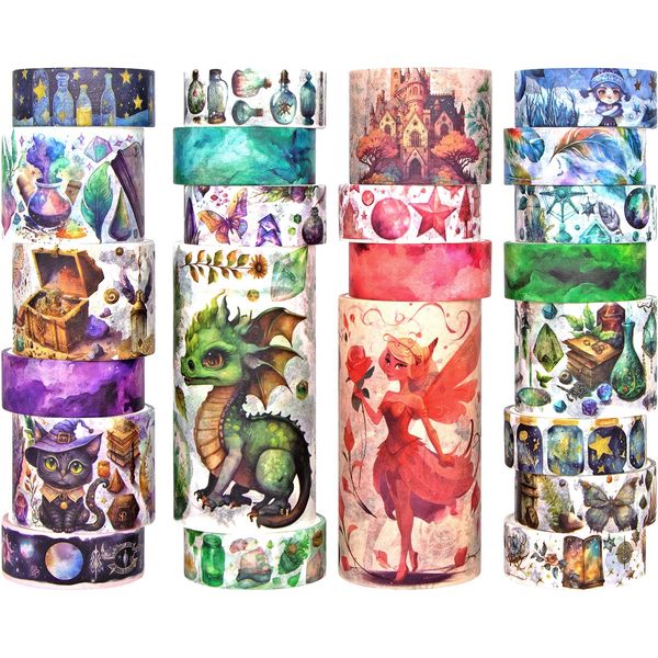 Washi Tape Set 23 Rollen, Magic & Fairy Themed Scrapbook Tape für Bullet Journal Set, farbiges Masking Tape für Scrapbooking Supplies, Junk Journaling, DIY Craft (Dragons/Cats/Castles)