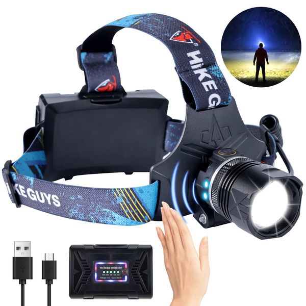 LED Rechargeable Headlamp, Headlight 90000 Lumens Super Bright with 6 Modes & IPX5 Warning Light, Motion Sensor Adjustable Headband Head Lamp, 60° for Adult Outdoor Camping Running Cycling