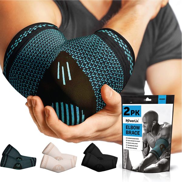 POWERLIX Ellenbogenbandage 2 Stücke, Kompression Ellenbogen Bandage für Damen & Herren, Ellbogen Bandage für Tennisarm, Golferarm, Sport, Arthritis, Sehnenentzündung, Gelenkschmerzen, Blau, M