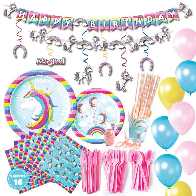 whoobli PREMIUM UNICORN (16 SERVES) BIRTHDAY PARTY SET - Birthday Party Supplies, Unicorn Party Supplies Plate, Cups, Spoons, Fork, Napkins. Unicorn Birthday Decorations For Girls