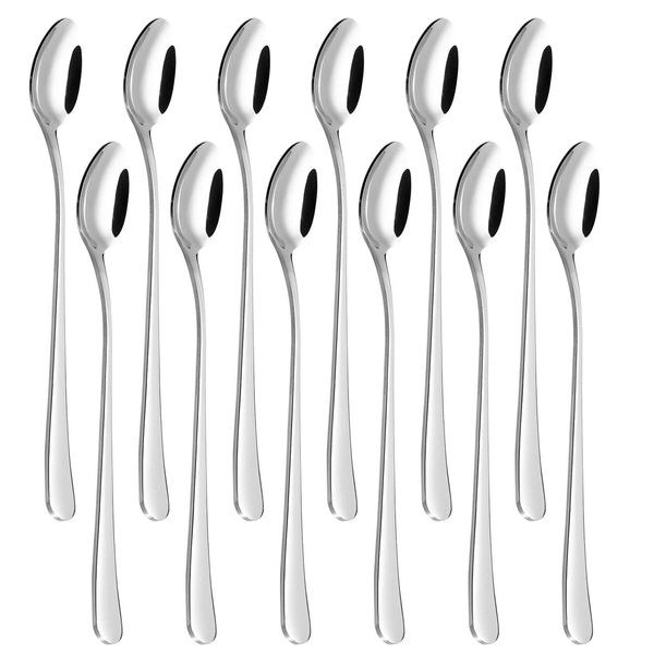 Vinsani Long Handle Latte Spoons, Set of 12 Stainless Steel Spoons Coffee Tea Dessert Silverware Ideal for Latte Coffee, Espresso, Hot Chocolate, Desserts & Ice Cream– 20cm / 7.8 inch (Silver)