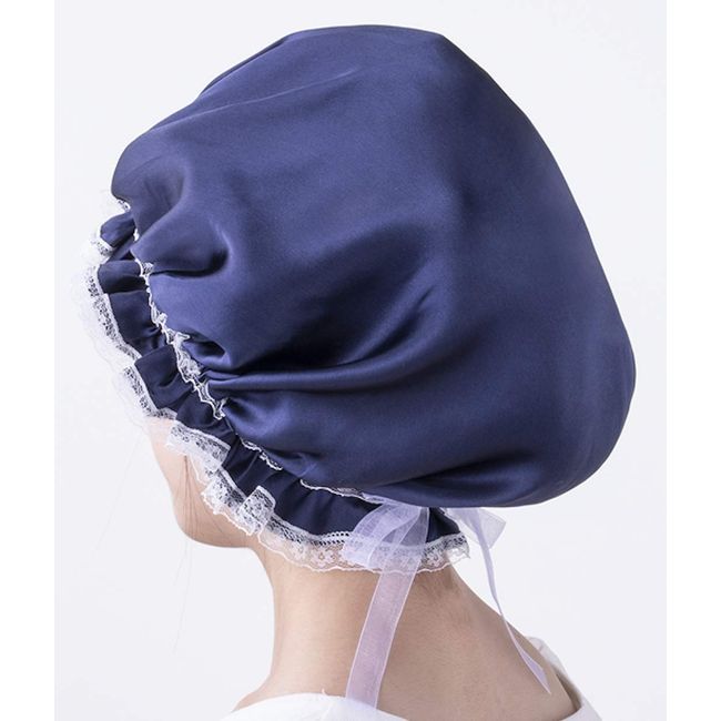 OrangeAnanas Silk Night Cap, 100% Natural Silk, Silk Night Cap, Night Hair Cap, For Long Hair, Long, Navy, Women's Cap with Lace, Navy Blue