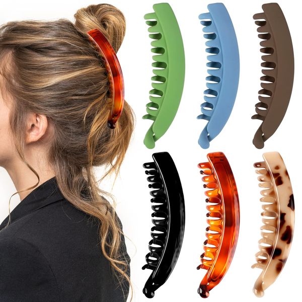 6 PCS Banana Hair Clips, Vintage Comb Fish Clips with 10 PCS Curl Clips Non-slip Interlocking Teeth Bold French Banana Hair Clips for Women and Girls (6 Colors)