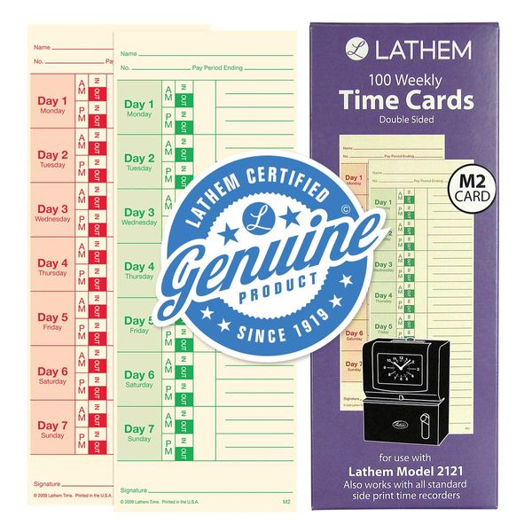 Lathem Weekly Time Cards, Double-Sided, for Lathem Model 2121/Side-Print Time Clocks, 100 Pack (M2-100)