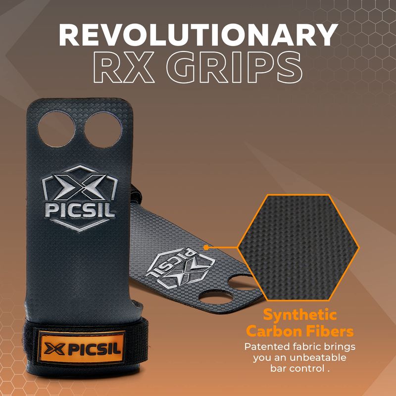 PICSIL RX carbon-grepen met 2 gaten en 3 gaten, hypoallergene handgrepen voor gewichtheffen, muscle-ups, pull-ups, gymnastiek, voorkomt blaren en scheuren, voor mannen en vrouwen (3H Orange, XL