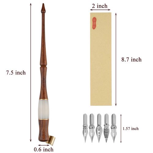 Yoption Wood Calligraphy Oblique Dip Pen Holder Set, Removable Nib Pen Handle Stand with 5 Flat Nibs Kit