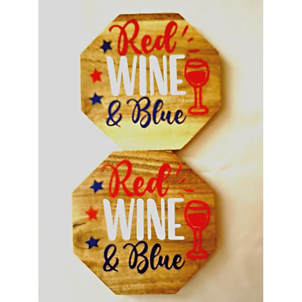 2pk Acacia Wood Coasters Red, Wine and Blue. Perfect Gift for Your Home or Bar