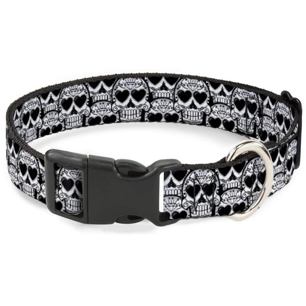 Dog Collar Plastic Clip Diamond Sugar Skull Stacked Black Silver Fade White 15 to 26 Inches 1.0 Inch Wide