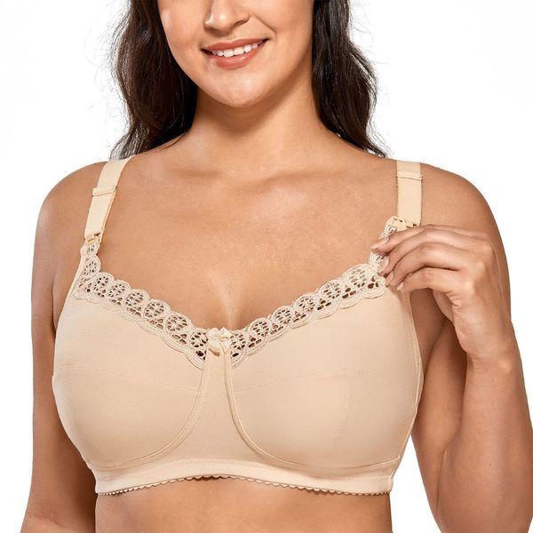 Gratlin Women's Cotton Wirefree Soft Maternity Nursing Bra with Lace Trim Beige 42G