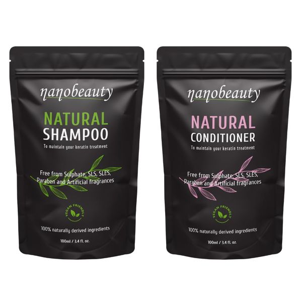 Nanobeauty Natural Sulphate Free Shampoo And Conditioner Set (2x 100ml) For Extensions, Colour & Keratin Treatment - SLS, SLES, Paraben & Artificial Fragrances Free. 100% Naturally Derived Ingredients