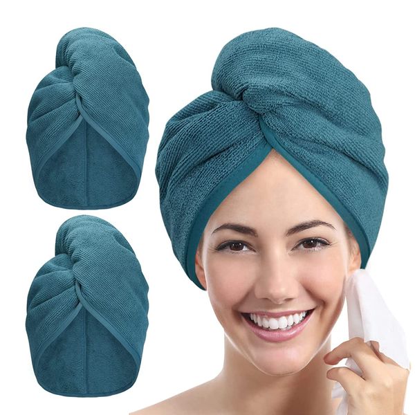 YoulerTex Microfiber Hair Towel Wrap - 2Pack Hair Head Drying Turban Curly Fast Absorbent Dry Anti Frizz Twist Plopping Long Shower Turban for Women with Button(Haze Blue)