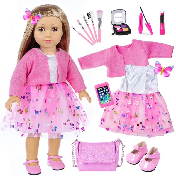 American 18 Inch Doll Makeup Accessories and Clothes,Messenger Bag Set for 18 Inch Doll Include Phone Eye Shadow Lipstick Eyelash Brush Makeup Brush Butterfly Hair Clip and Shoes（No Doll）