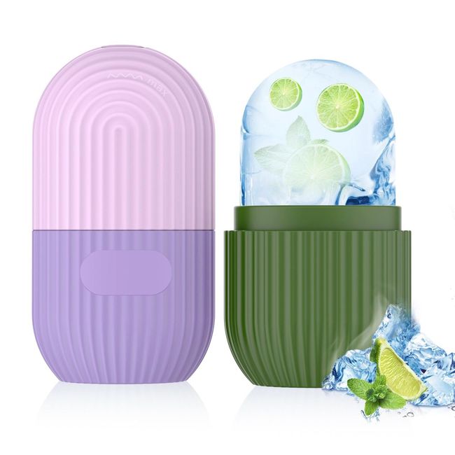 2pcs Ice Roller for Face and Eye, Silicone Ice Facial Roller Ice Holder, Face Ice Mold Skin Care, Face Icers Reusable Ice Cube Roller for Shrink Pores Anti Wrinkle Reduce Puffiness, Green Purple